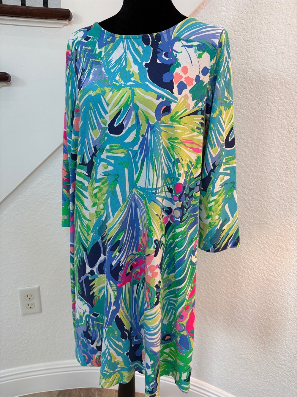 Vibrant Tropical Print Shift Dress - Blue, Green & Pink
